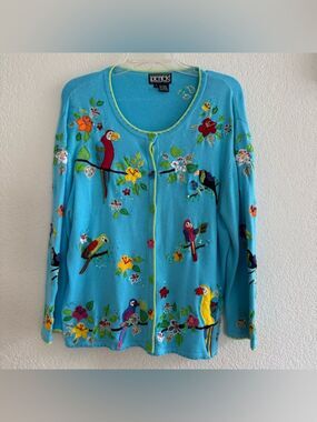 VTG Berek Turquoise Cardigan Paradise Tropical Birds Parrots Toucan Novelty L